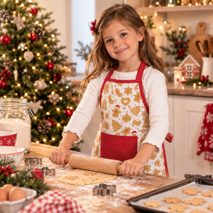 A young girl with a red bow in her hair smiles while rolling out dough with a wooden rolling pin on a floured kitchen counter. She is wearing a white apron with a red polka-dot border and a gingerbread cookie print.