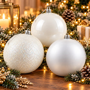 Three spherical Christmas ornaments in white and glittery finishes displayed on a wooden surface with festive greenery, pinecones, and warm string lights in the background.