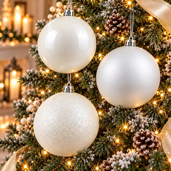 MIGROS large white and silver baubles hanging on a decorated Christmas tree with warm lights