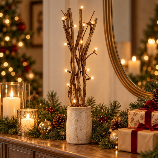 A decorative holiday scene with a central dried twig branch arrangement in a textured cream pot, lit with warm white string lights, placed on a wooden console table with candles, pine garland, ornaments, and wrapped gifts in a warmly lit room.