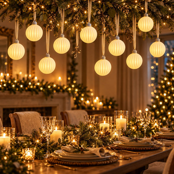Warm holiday dining table decorated with hanging ribbed white globe lights, candles, green garlands, and string lights in a cozy indoor setting.