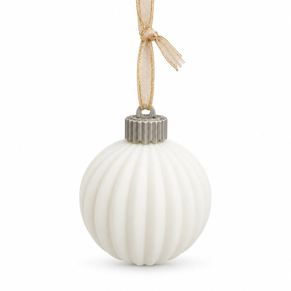 A ribbed white glass Christmas ornament with a textured silver cap and a hanging ribbon, shown on a clean white background.
