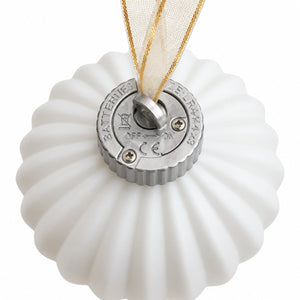A white ribbed Ceramic Christmas ornament with a silver metal battery compartment and a gold mesh hanging ribbon, shown against a plain white background.