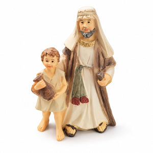 A hand-painted resin figurine of an elderly man and a child, representing a biblical scene. The man wears a beige robe, brown outer cloak, and head covering, holding a small object in one hand.