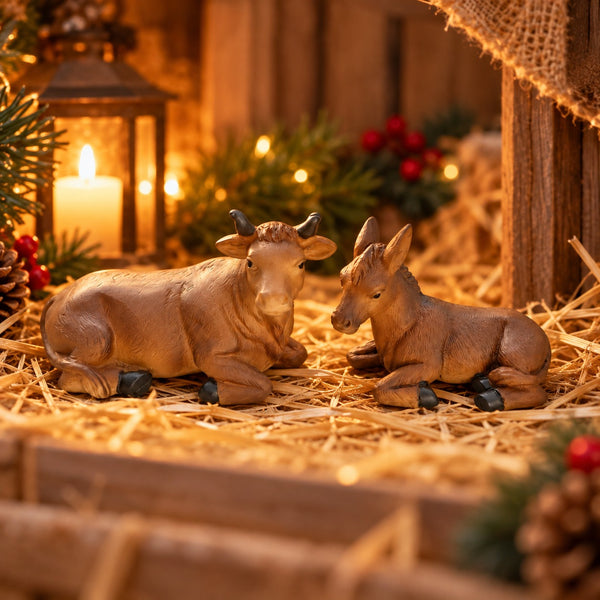 Two small brown figurines of a cow and a donkey lying on straw in a rustic stable setting with a lit candle, pine branches, and warm holiday lights.