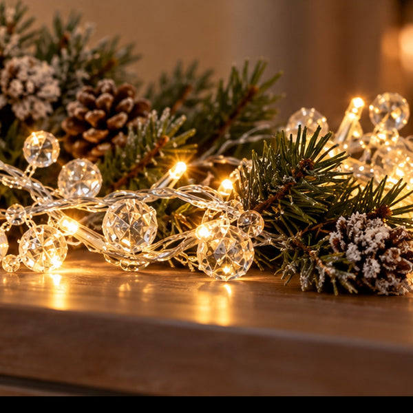 Warm white crystal bead string lights draped over green pine branches and pinecones on a wooden surface, with a softly blurred indoor background.