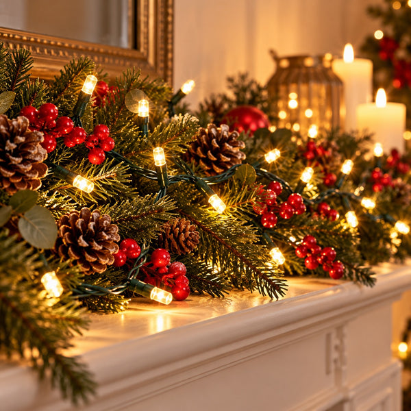 A festive Christmas garland draped across a white fireplace mantel, decorated with green pine branches, brown pinecones, clusters of red berries, and warm white string lights, with candles and a mirror in the softly blurred background.