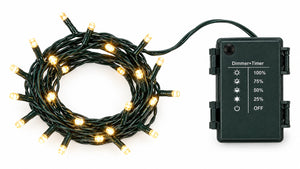 Coiled black string lights with warm white LED bulbs next to a black dimmer+timer control box on a white background.