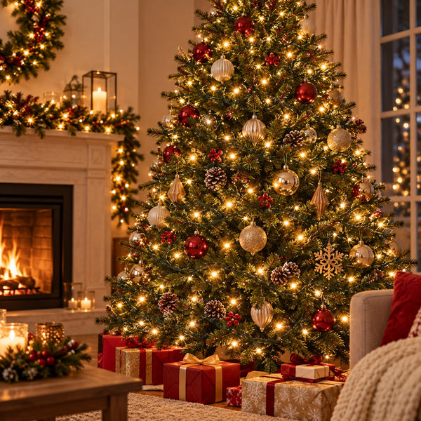 A beautifully decorated Christmas tree in a cozy living room setting, lit with warm golden fairy lights and adorned with red and silver ornaments, pinecones, and snowflake decorations. Gift boxes are wrapped in red and gold paper at the base, with a burning fireplace and festive mantel garlands in the background.