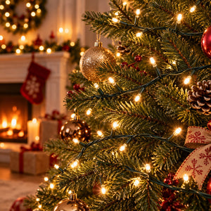 Migros 50 warm white LED string lights with green cable illuminating a decorated Christmas tree