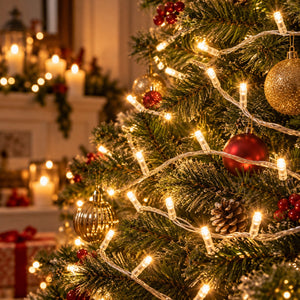 Warm white LED string lights wrapped around a decorated Christmas tree, with gold and red ornaments, pinecones, and a softly blurred festive interior in the background.