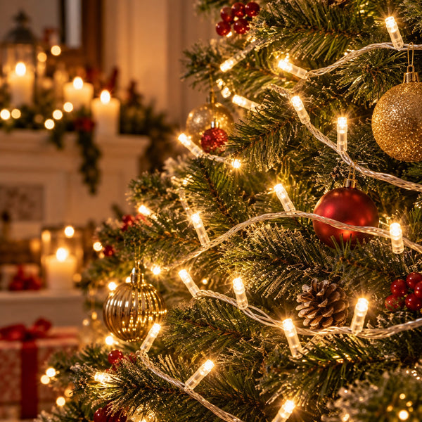 Warm white LED string lights wrapped around a decorated Christmas tree, with gold and red ornaments, pinecones, and a softly blurred festive interior in the background.