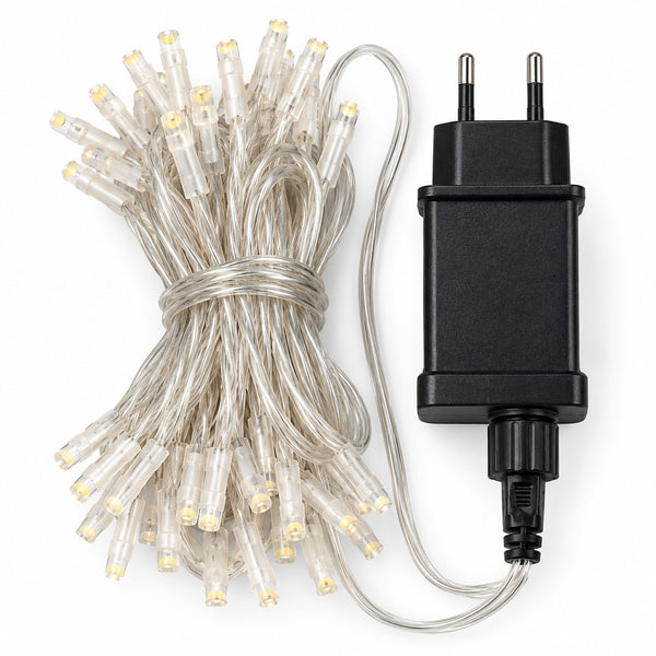 Clear silicone LED fairy string lights bundled with a black two-pin power adapter on a white background.