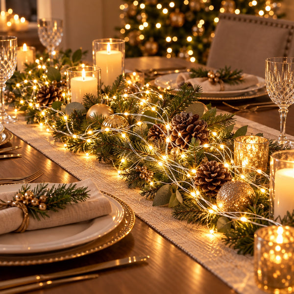 A festive Christmas table runner decorated with green pine garlands, warm white string lights, pinecones, and gold ornaments, set on a wooden dining table with plates and candles.
