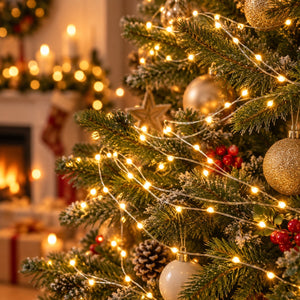 Warm white LED Christmas string lights draped across a decorated evergreen tree, with gold and white ornaments, pinecones, and red berries in a cozy holiday setting.