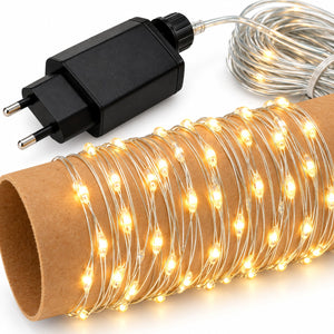 Warm white LED fairy string lights coiled on a brown cardboard tube, shown with a black two-pin power adapter and a section of the wire light cord on a white background.