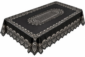 A black tablecloth with an intricate white lace pattern, featuring a central oval medallion and matching scalloped edges, shown on a plain white background.