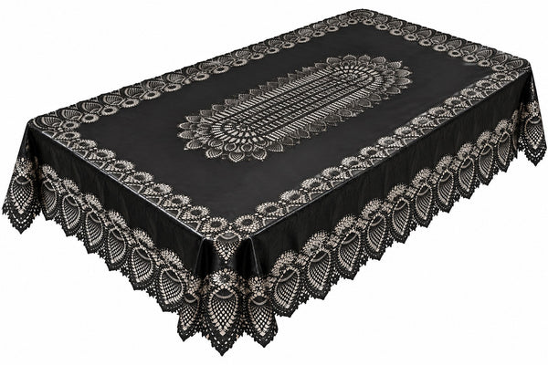 A black tablecloth with an intricate white lace pattern, featuring a central oval medallion and matching scalloped edges, shown on a plain white background.