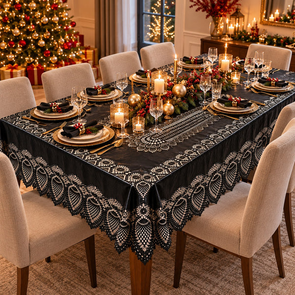 A black tablecloth with an intricate white lace border and central embroidered pattern, styled on a dining table set for a Christmas feast in a warmly lit holiday dining room.