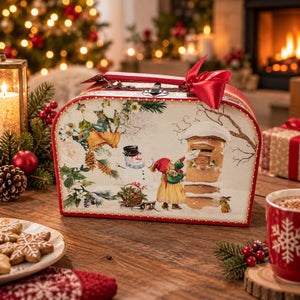 Migros Noël decorative Christmas suitcase gift box displayed with festive gifts and treats