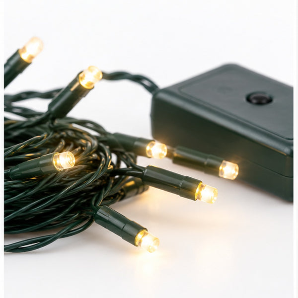 Warm white LED string lights with a black battery box on a white background.