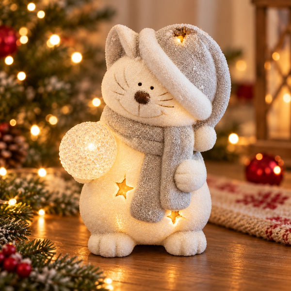 A festive white cat Christmas ornament wearing a glittery gray hat and scarf, holding a glowing orb, with warm star lights inside, set on a wooden surface in a decorated holiday room.