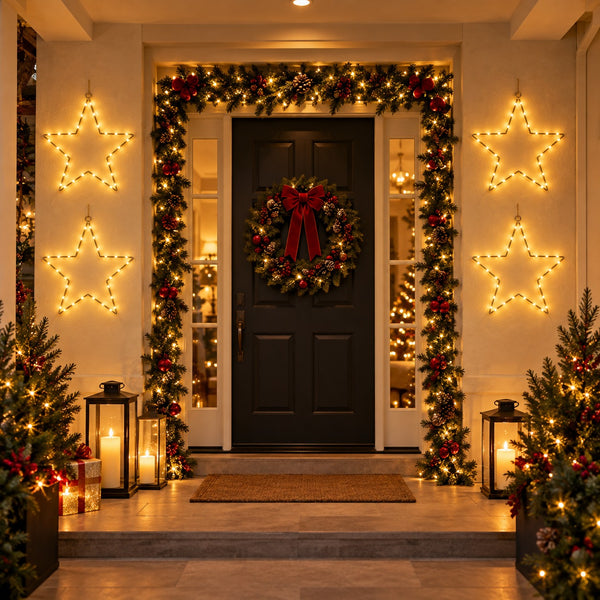 A festive front door decorated for Christmas with a green wreath and red bow, surrounded by a garland of warm white string lights and red berries. Two large glowing star-shaped light fixtures hang on either side of the door, with lanterns and lit candles on the steps and flanking evergreen trees.