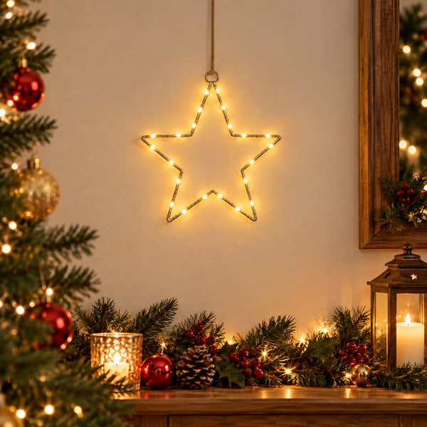 A glowing star-shaped string light hangs on a warm beige wall above a decorated Christmas mantel with green garland, pinecones, red ornaments, and candles. Part of a Christmas tree and a mirror are visible at the edges.