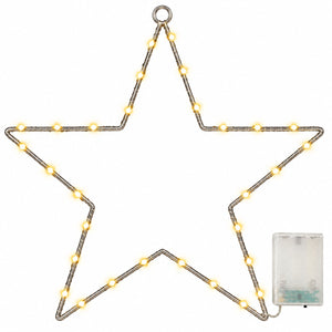 A large star-shaped wire light fixture with warm white LED bulbs, shown on a plain white background with a small battery pack attached in the lower right corner.