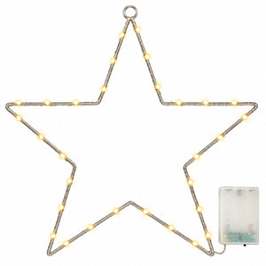 A large star-shaped LED light decoration with a silver wire frame and warm white glowing bulbs, shown on a white background with a small battery pack attached.