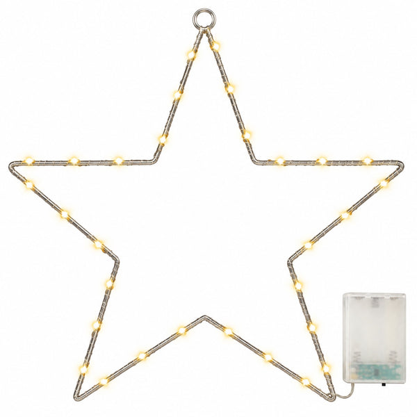A large star-shaped LED light decoration with a silver wire frame and warm white glowing bulbs, shown on a white background with a small battery pack attached.