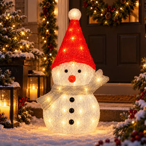 Migros Noël outdoor LED snowman decoration displayed on a festive porch entrance