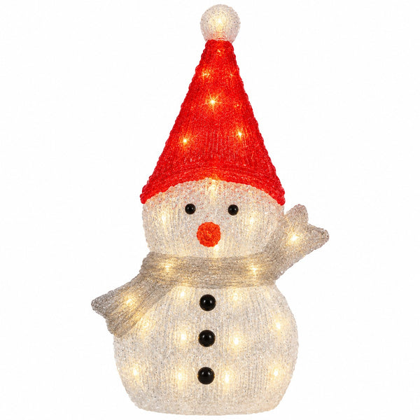 A snowman-shaped holiday light decoration with a red pointed hat, warm white body and scarf, black buttons and eyes, and an orange nose, shown on a plain white background.