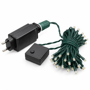 Green LED Christmas string lights with a black plug-in adapter, a small black remote control, and a green wire bundle on a white background.
