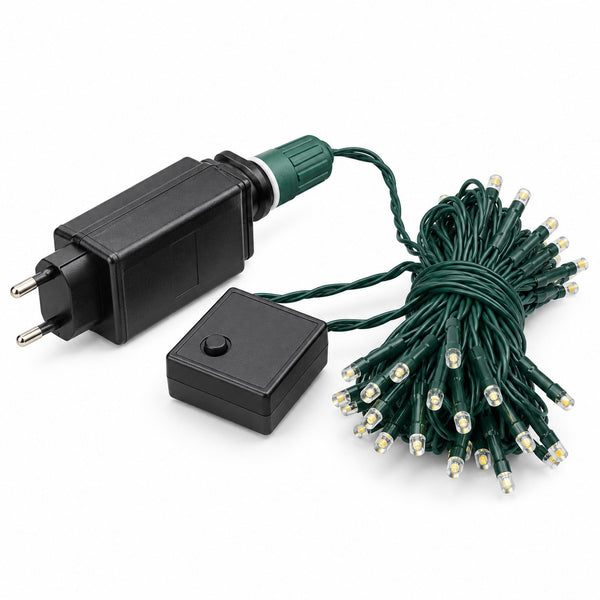Green LED Christmas string lights with a black plug-in adapter, a small black remote control, and a green wire bundle on a white background.