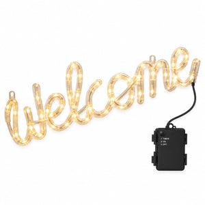 A cursive 'Welcome' LED light sign in a warm white glow, shown with its black power controller on a solid white background.