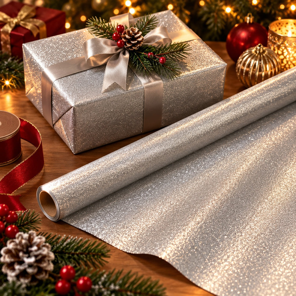 A roll of sparkly silver glitter wrapping paper is unrolled beside a wrapped gift box with a matching ribbon and bow, styled with Christmas greenery, pinecones, red berries, and warm holiday lights on a wooden surface.