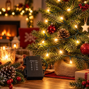 A black electronic Christmas tree light controller with a digital display and toggle switch, placed on a wooden table next to a decorated Christmas tree with glowing warm white lights.