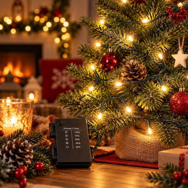 A black electronic Christmas tree light controller with a digital display and toggle switch, placed on a wooden table next to a decorated Christmas tree with glowing warm white lights.