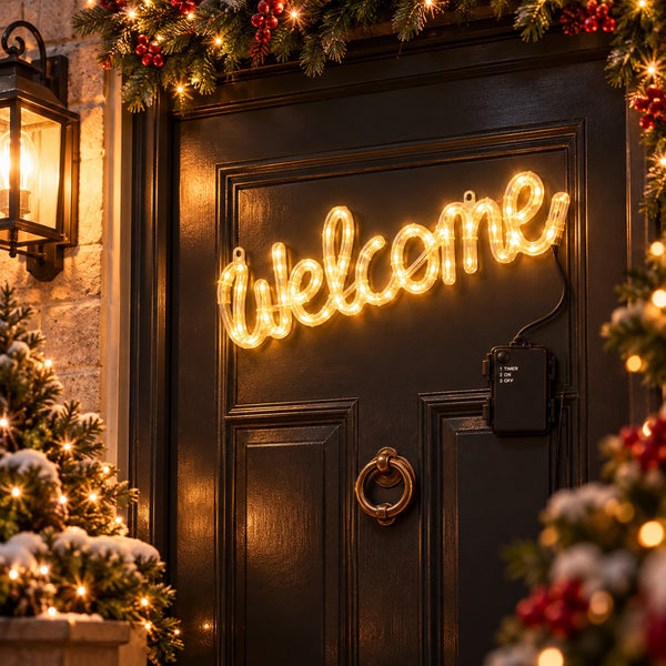 A glowing cursive 'Welcome' light mounted on a dark wooden door, surrounded by holiday greenery, warm string lights, and a lantern on the left.