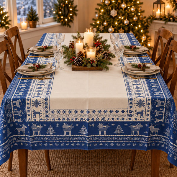 A rectangular holiday table runner with a blue and white Nordic reindeer and snowflake pattern, styled on a dining table with plates, candles, pinecones, and a festive Christmas tree in the background.