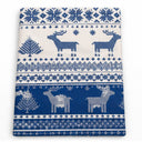 A square fabric item, likely a gift wrap, napkin, or small scarf, featuring a classic Nordic/Sweater-style Christmas pattern in navy blue and off-white. The design includes reindeer, Christmas trees, and geometric borders.