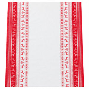 A square white tablecloth with red borders featuring festive Nordic patterns of reindeer, snowflakes, and geometric designs.
