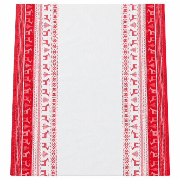 A square white tablecloth with red borders featuring festive Nordic patterns of reindeer, snowflakes, and geometric designs.