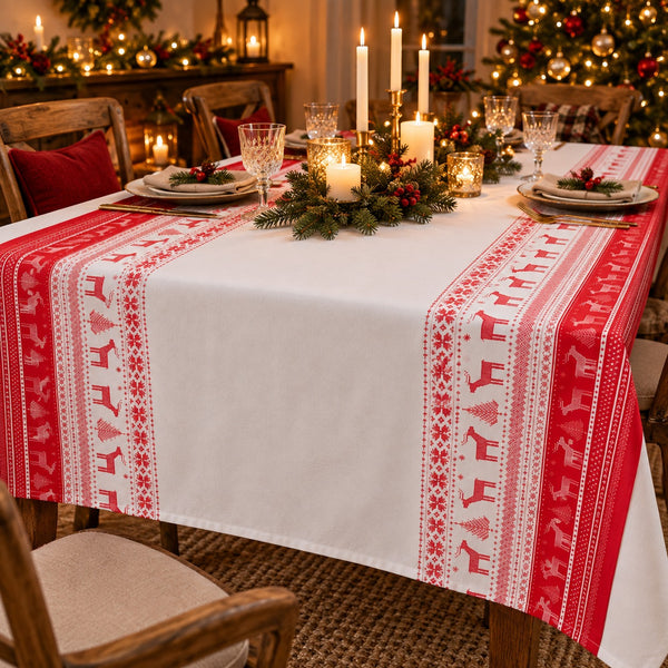 A festive Christmas table runner with red and white Nordic-style patterns, including reindeer and snowflakes, draped over a dining table set for four with candles, glasses, and holiday greenery in a warmly lit dining room.