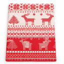 Red and white Christmas-themed fabric featuring knit-style patterns with reindeer, Christmas trees, snowflakes, and geometric borders.