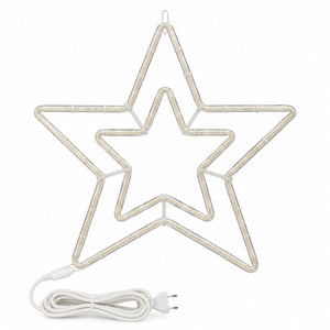 A white LED star-shaped light with concentric five-point stars, shown with its coiled power cord and plug on a plain white background.