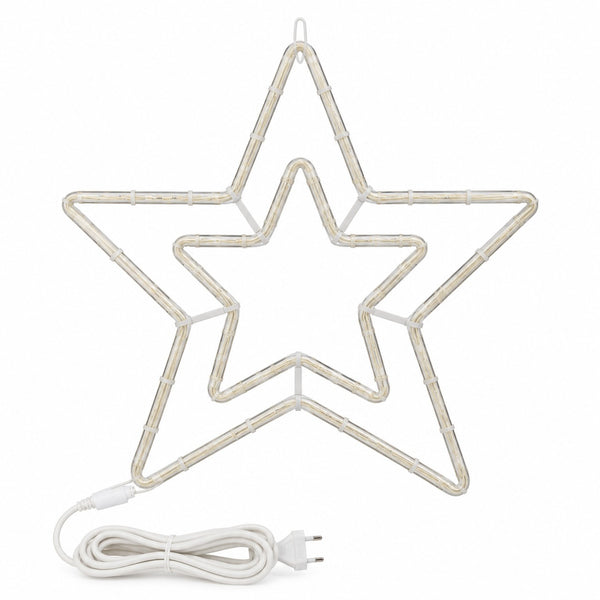 A white LED star-shaped light with concentric five-point stars, shown with its coiled power cord and plug on a plain white background.