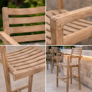 Close-up of the Migros outdoor wooden bar chair highlighting the natural wood grain, slatted seat, and sturdy armrests.
