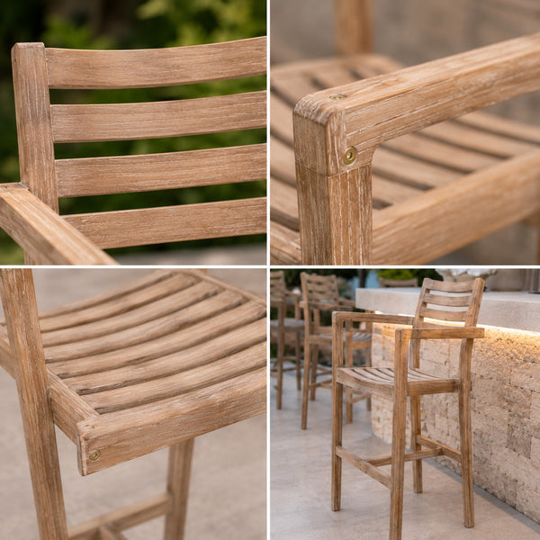 Close-up of the Migros outdoor wooden bar chair highlighting the natural wood grain, slatted seat, and sturdy armrests.
